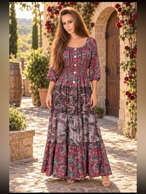 NWOT Never Worn. Fig & Flower Maroon Burgundy Paisley Tiered Maxi Fall Dress L